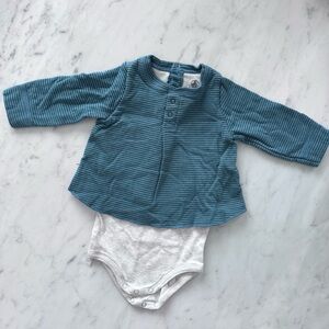 Petit Bateau 3-6Months Long Sleeve T-Shirt Bodysuit Teal Striped and Gray